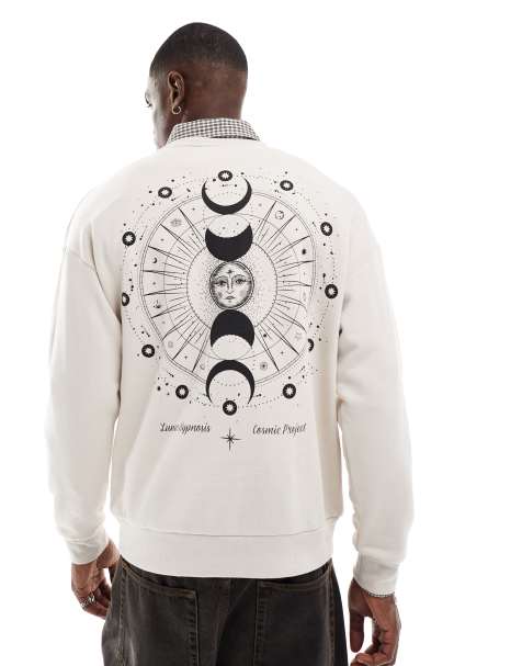 Jack & Jones drop shoulder crew neck sweat with celestial back print in beige - view 1