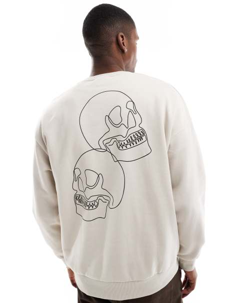 Jack & Jones drop shoulder crew neck sweat with skull back print in beige - view 1