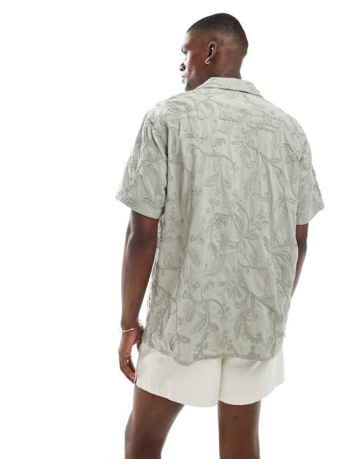 Jack & Jones emboridery short sleeve shirt in khaki, 4 of 4