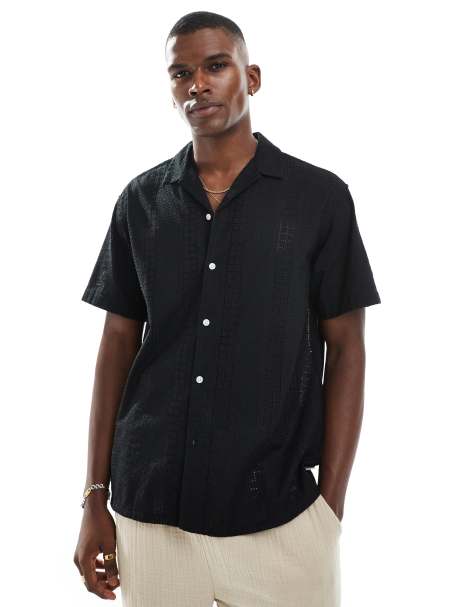 Jack & Jones embroidered pattern shirt in black