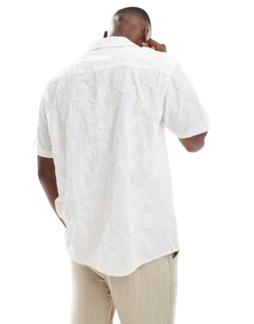 Jack & Jones embroidery short sleeve shirt in cream, 4 of 4