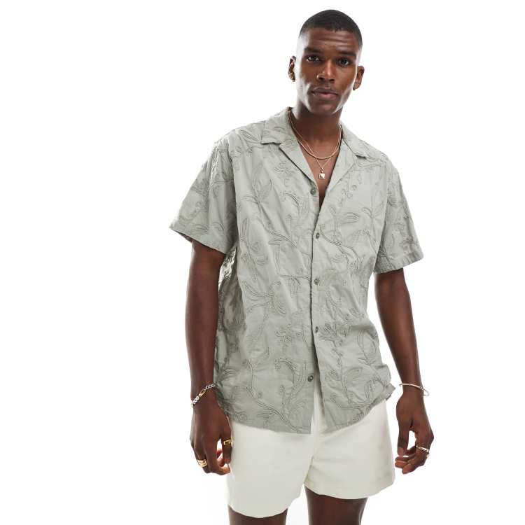 Jack & Jones embroidery short sleeve shirt in khaki | ASOS