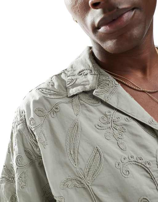 Jack & Jones embroidery short sleeve shirt in khaki, 3 of 4