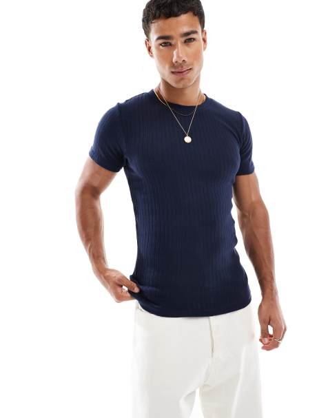 Jack & Jones – Enges, geripptes T-Shirt in Marineblau - view 1