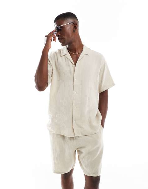 Jack & Jones - Ensemble texturé chemise avec col à revers et short - Crème - view 1