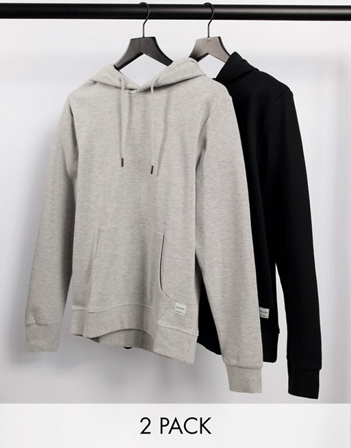 Jack & Jones Essentials 2 pack hoodie in black/grey