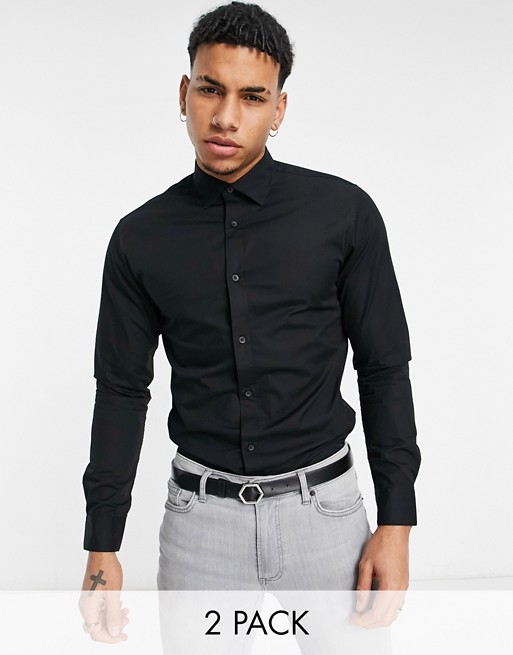 Jack & Jones Essentials 2 pack smart shirt in slim fit black