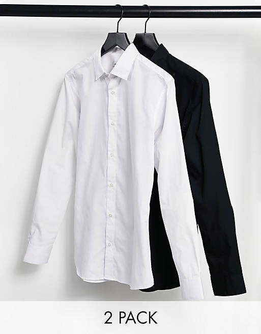 Jack & Jones Essentials 2 pack smart shirt in white & black