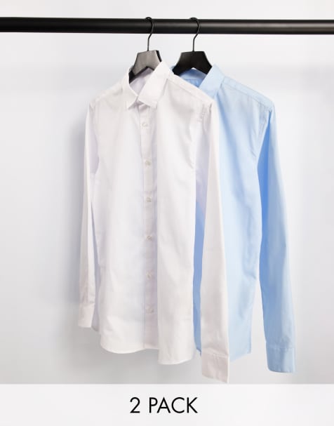 Jack & Jones Essentials 2 pack smart shirt in white & blue - view 1