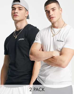 Jack & Jones Essentials 2 pack t-shirts with script chest logo in black and white - ASOS Price Checker