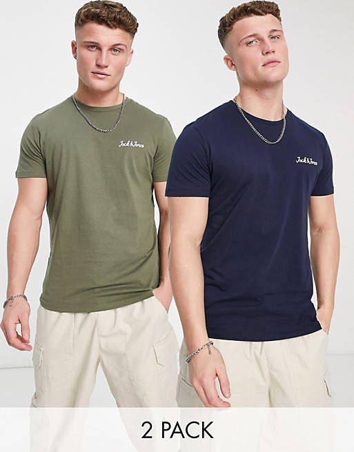 Jack & Jones Essentials 2 pack t-shirts with script chest logo in navy and khaki