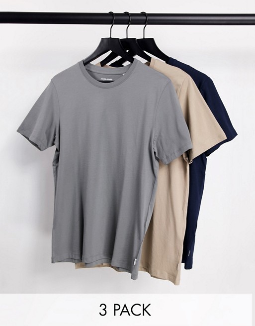 Jack & Jones Essentials 3 pack organic cotton t-shirt in beige/navy/grey