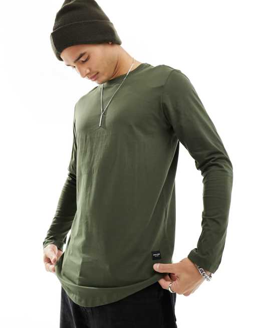 Jack & Jones Essentials – Bawełniany top w kolorze khaki z długimi rękawami i zaokrąglonym wykończeniem – KHAKI