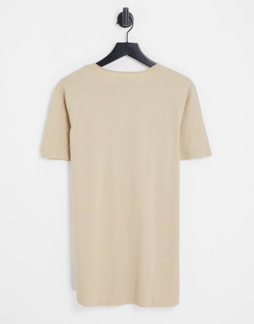 Jack & Jones Essentials - Beige longline T-shirt med rå kanter og dyb rund hals, 2 af 4