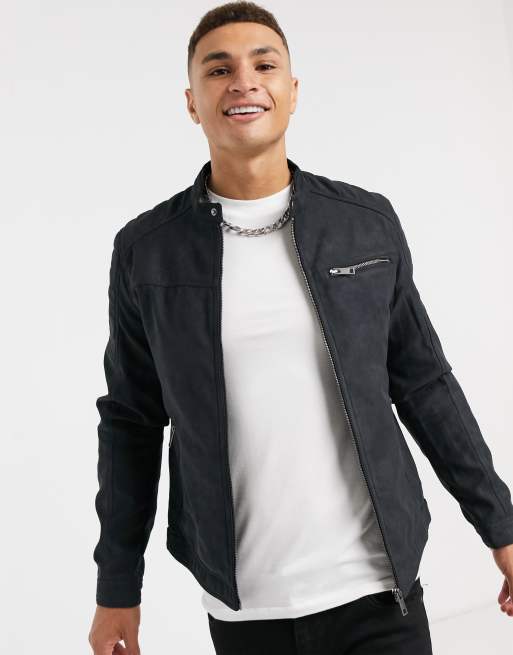 Jack & Jones Essentials faux leather biker jacket in black