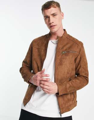 Essentials biker jacket in faux suede tan-Brown