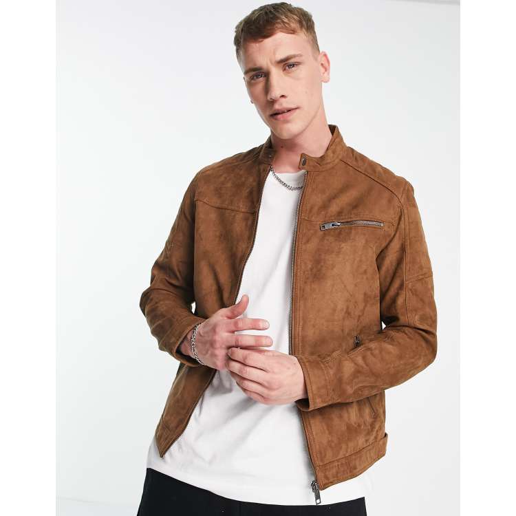 Jack Jones Essentials biker jacket in faux suede tan ASOS