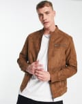 [Jack & Jones] Jack & Jones Essentials biker jacket in faux suede tan-Brown XS Cognac