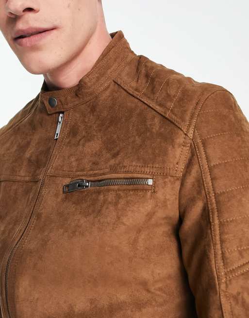 Jack & Jones Essentials biker jacket in faux suede tan