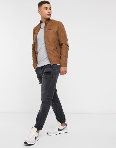Jack & Jones Essentials biker jacket in faux suede tan - view 1
