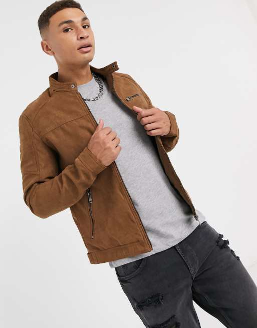 ASOS DESIGN faux suede biker jacket in tan