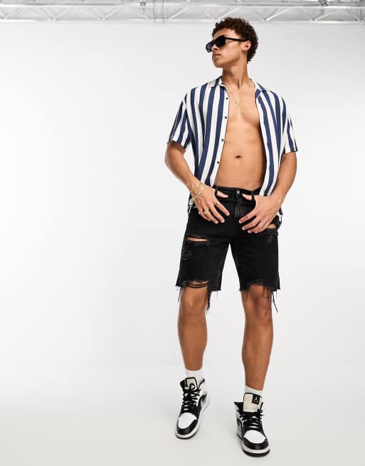 Jack & Jones Essentials - Blå kortærmet skjorte i viskose med reverskrave og striber , 3 af 4