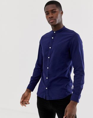 Jack & Jones Essentials – Blå skjorta i linneblandning med murarkrage och smal passform-Marinblå