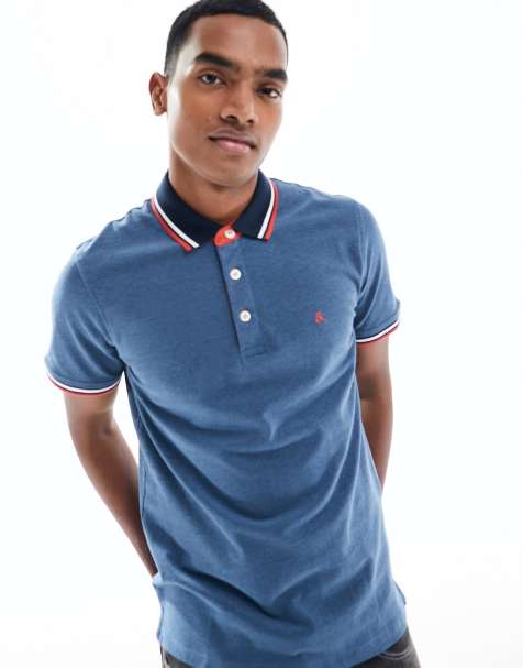 Jack & Jones – Essentials – Blaues Pikee-Polohemd mit Zierstreifen in schlanker Passform - view 1