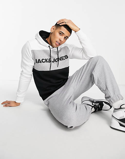 Jack & Jones Essentials block logo hoodie in white 
