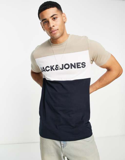 Jack & Jones Essentials block logo t-shirt in beige