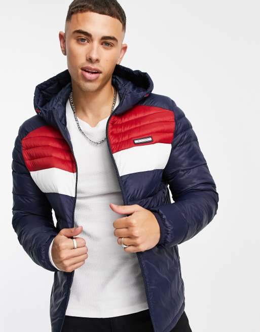 Jack & Jones Essentials blocked padded jacket with hood in black color block