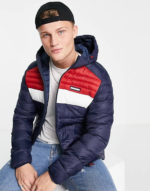 Jack & Jones Essentials blocked padded jacket with hood in navy & red