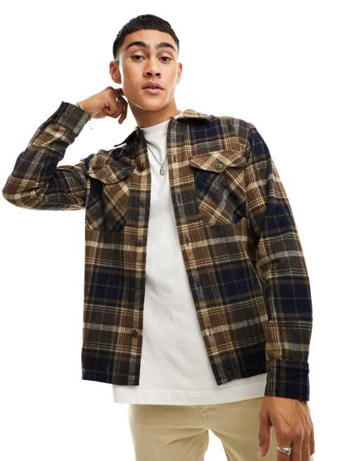 Jack & Jones Essentials brushed overshirt in brown check