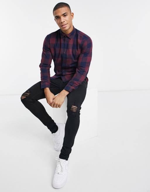 Jack & Jones Essentials buffalo check shirt in burgundy