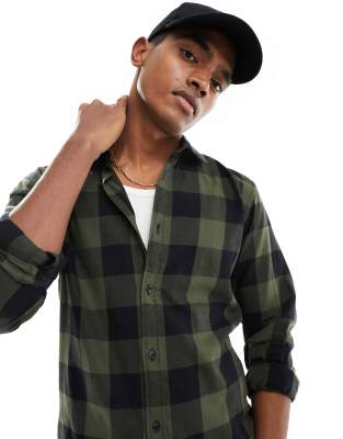 Jack & Jones Essentials buffalo check shirt in khaki & black-Green