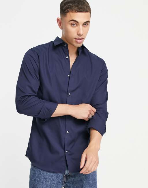 Jack & Jones – Essentials – Bügelfreies, elegantes Hemd in Marineblau mit schmalem Schnitt