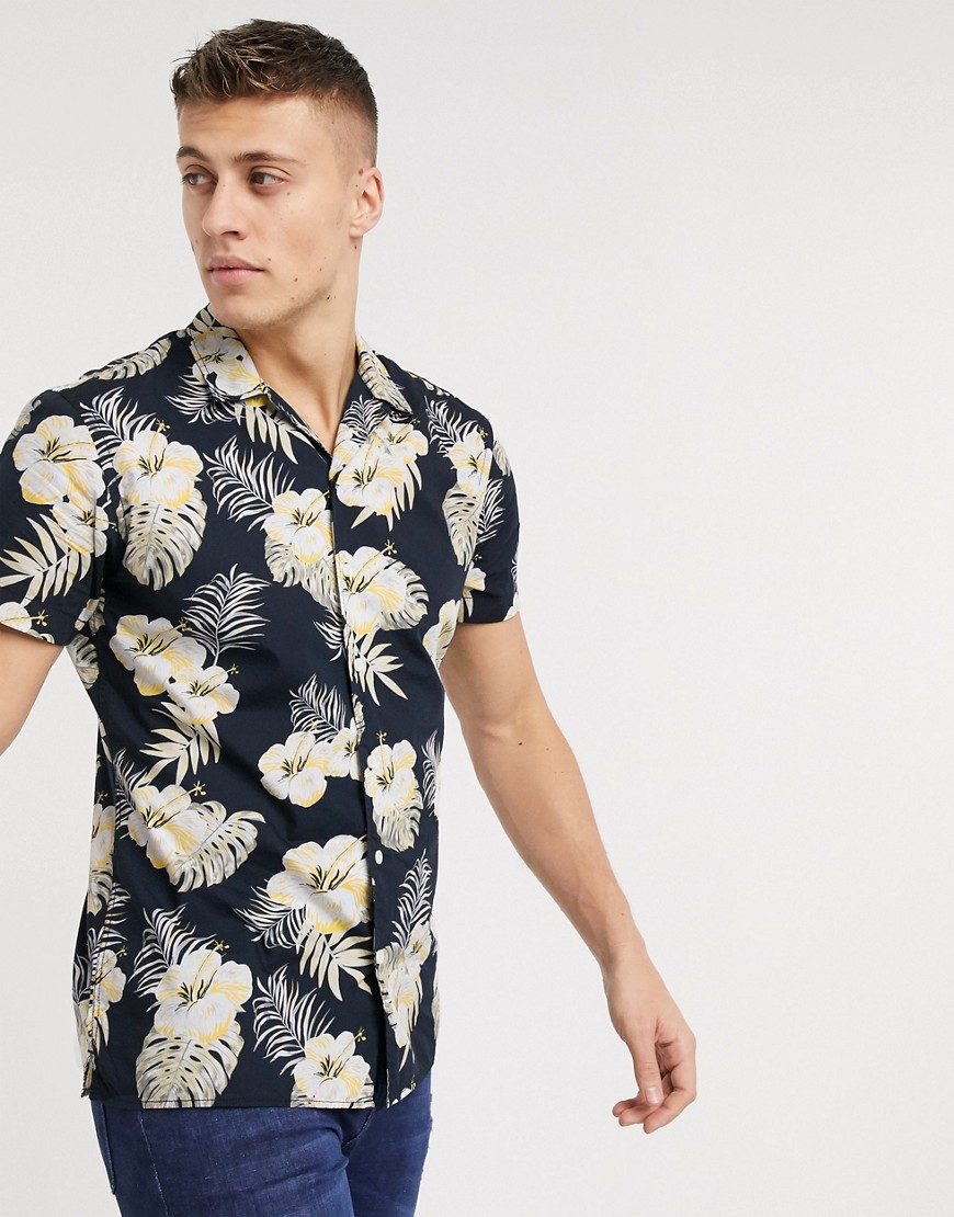 Jack & Jones essentials - Camicia a maniche corte con stampa tropicale-Navy
