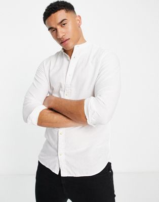 Jack & Jones Essentials linen grandad collar shirt in white - ASOS Price Checker