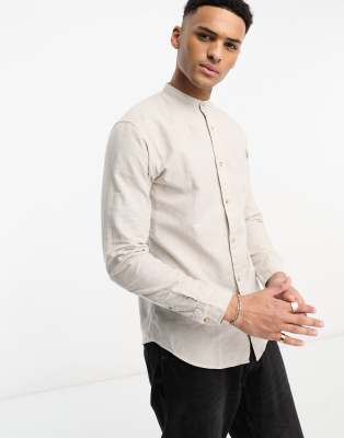 Jack & Jones Essentials linen shirt with grandad collar in beige - ASOS Price Checker