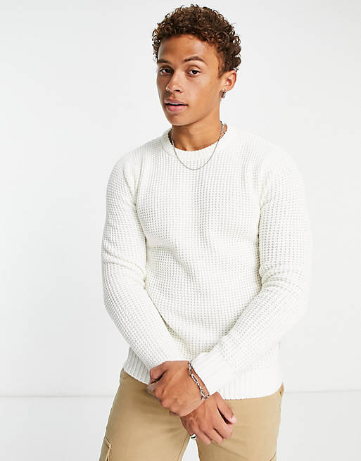 Jack & Jones Essentials chunky knitted jumper in white | ASOS