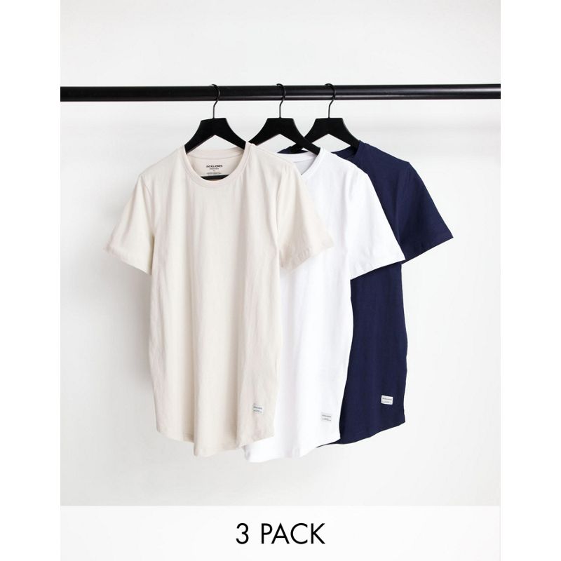 Uomo Jack & Jones Essentials - Confezione da 3 T-shirt taglio lungo con fondo arrotondato in cotone organico bianco/blu navy/beige