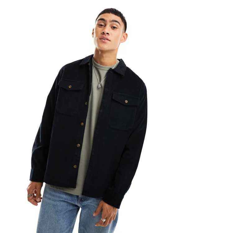 Jack & Jones Essentials corduroy overshirt in black