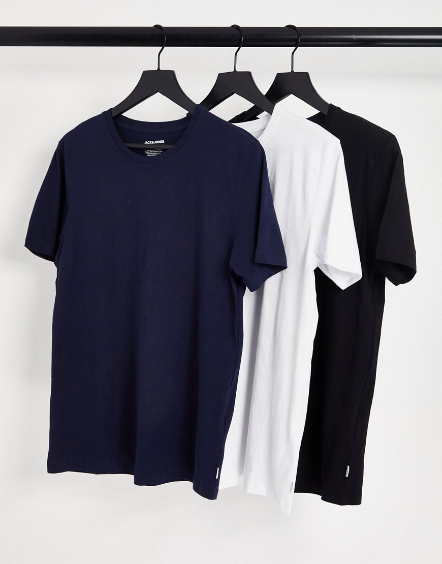 Jack & Jones Essentials cotton 3 pack t-shirt in black/white/navy - MULTI