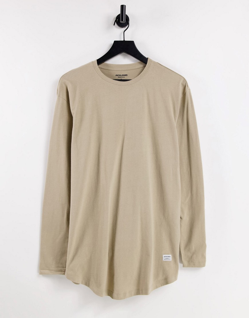 Jack & Jones Essentials cotton long sleeve top with curve hem in beige - BEIGE-Neutral
