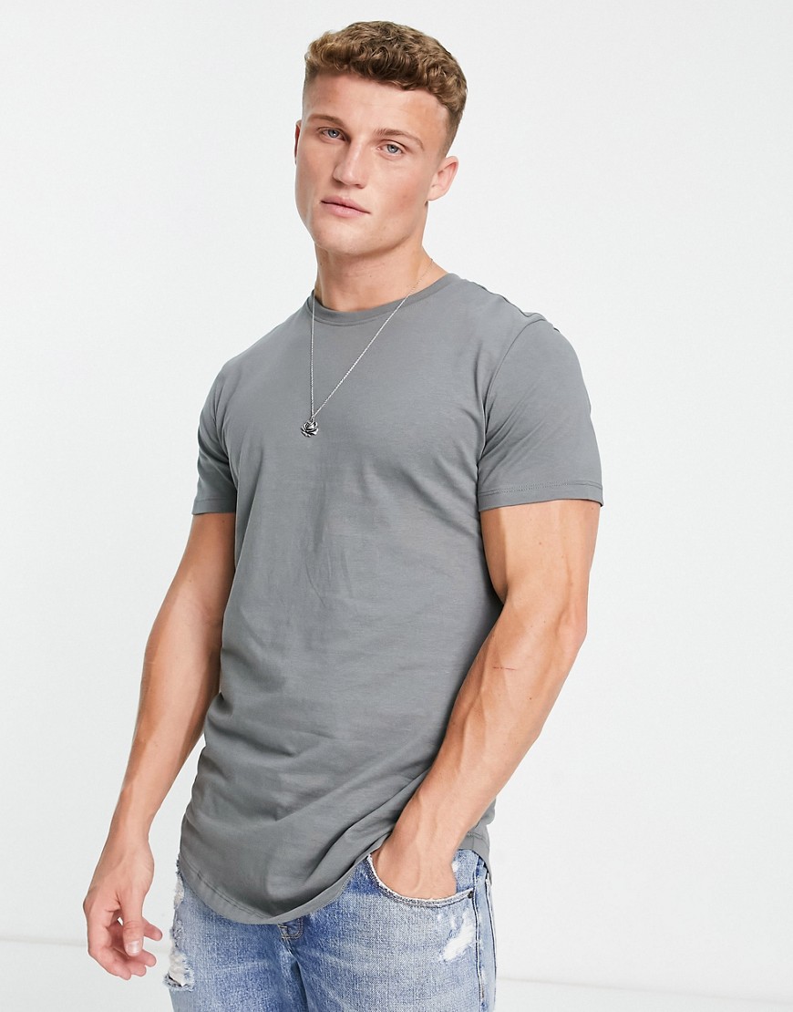 Jack & Jones Essentials cotton longline curved hem T-shirt in gray-Green
