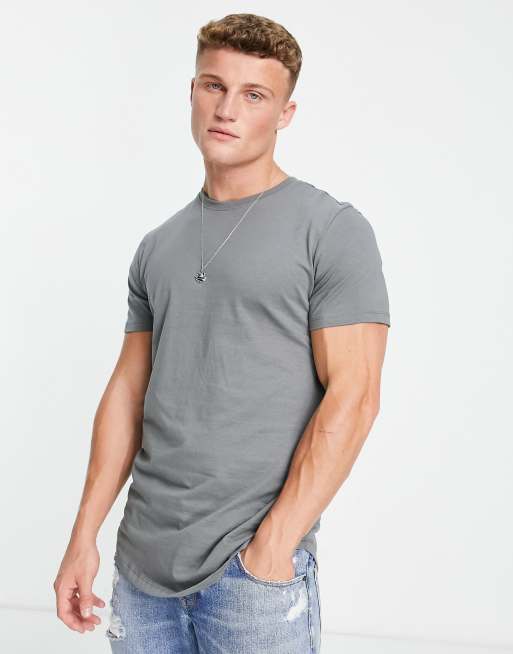 Jack Jones Essentials cotton longline curved hem T shirt in gray