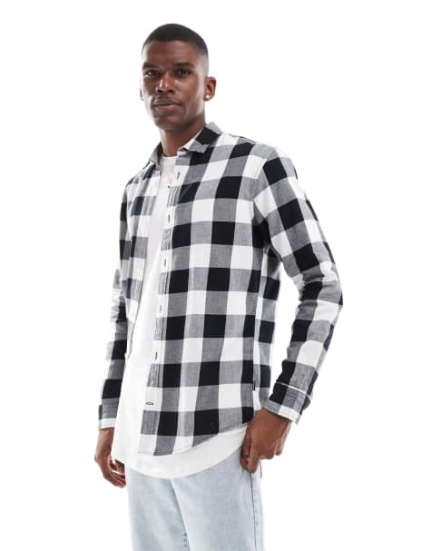 Jack & Jones Essentials flannel buffalo check shirt in black & white 