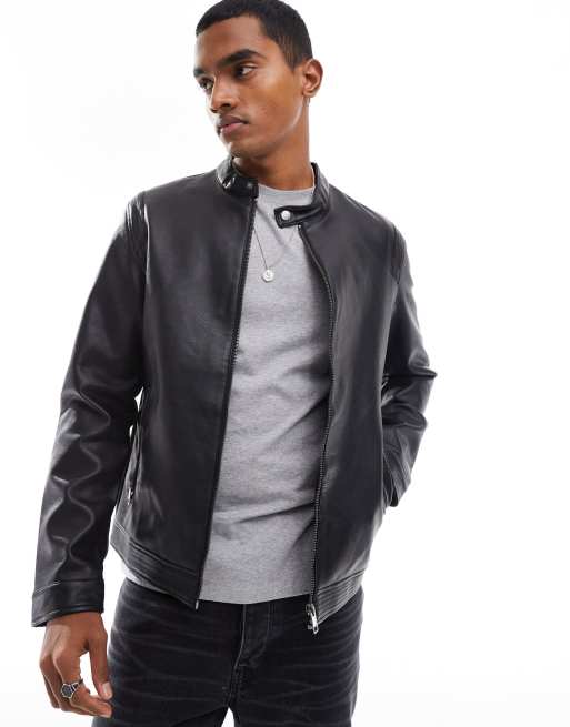 Jack & Jones Essentials faux leather racer jacket in black