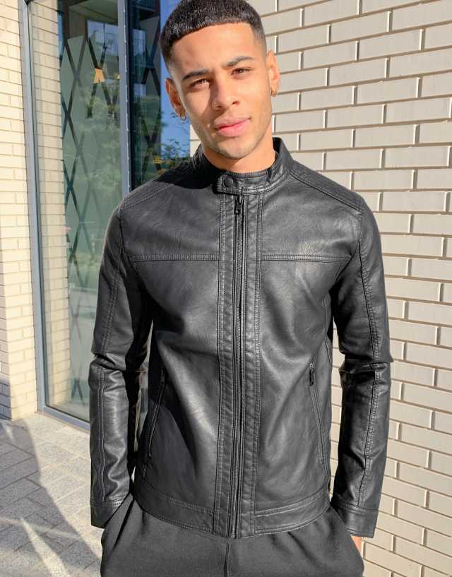 Jack & Jones Essentials faux leather biker jacket in black