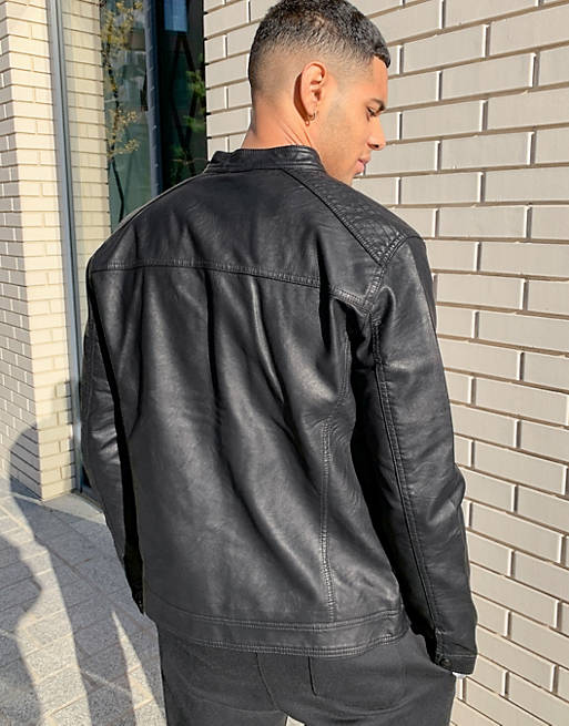 Jack & Jones Essentials Faux Leather Biker Jacket in Black for Men Mens Clothing Jackets Leather jackets 